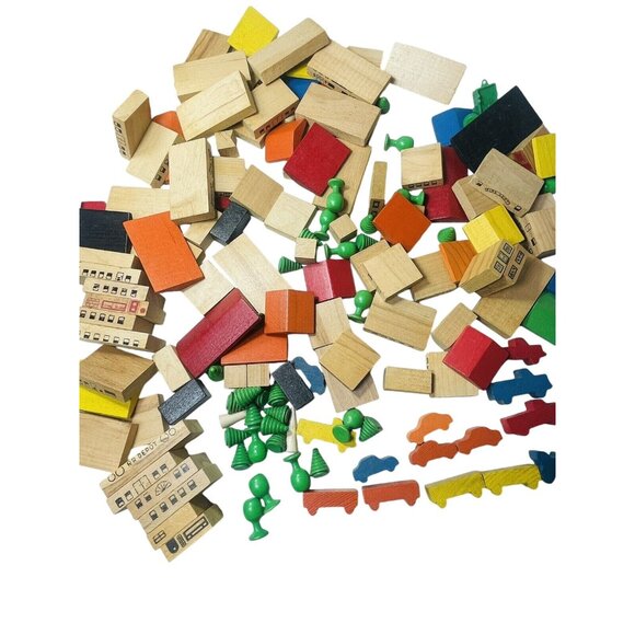 Playskool Village Bag Wooden Block 150 Piece Hotel Railroad Train Town Vintage - Picture 2 of 16